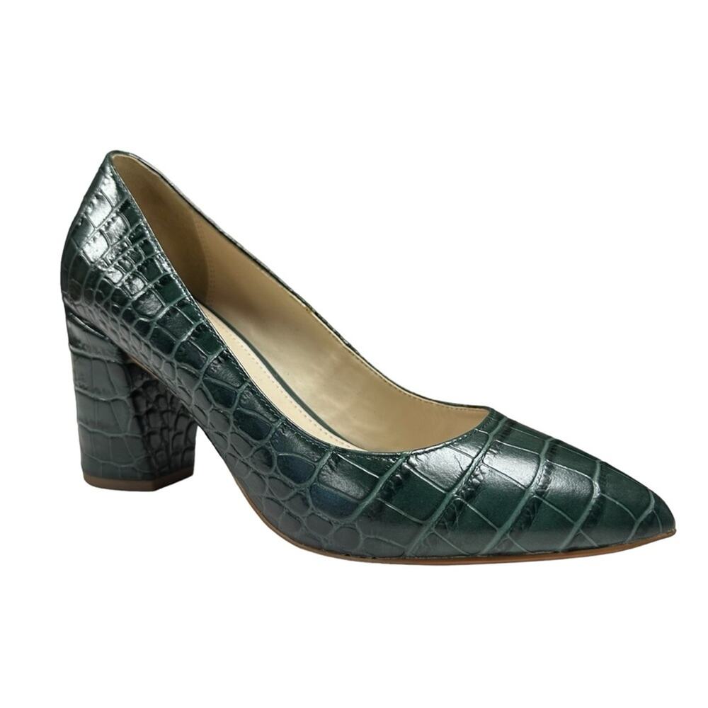 Cole Haan Karena Pump Womens 6.5 Dark Green Embossed Crocodile Print Block Heels